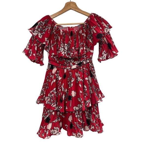 Self Portrait off shoulder pleated floral pattern mini dress - size 2 - Picture 6 of 12